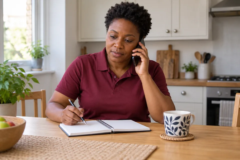 Technician listening to a telephone enquiry at a kitchen table