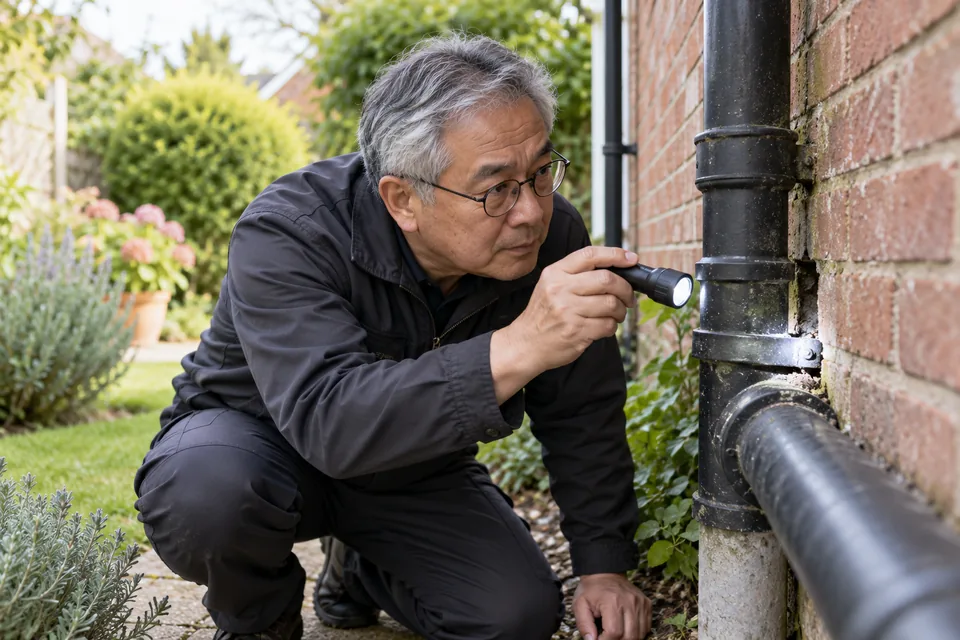 Technician examining an accessible external pipe gap