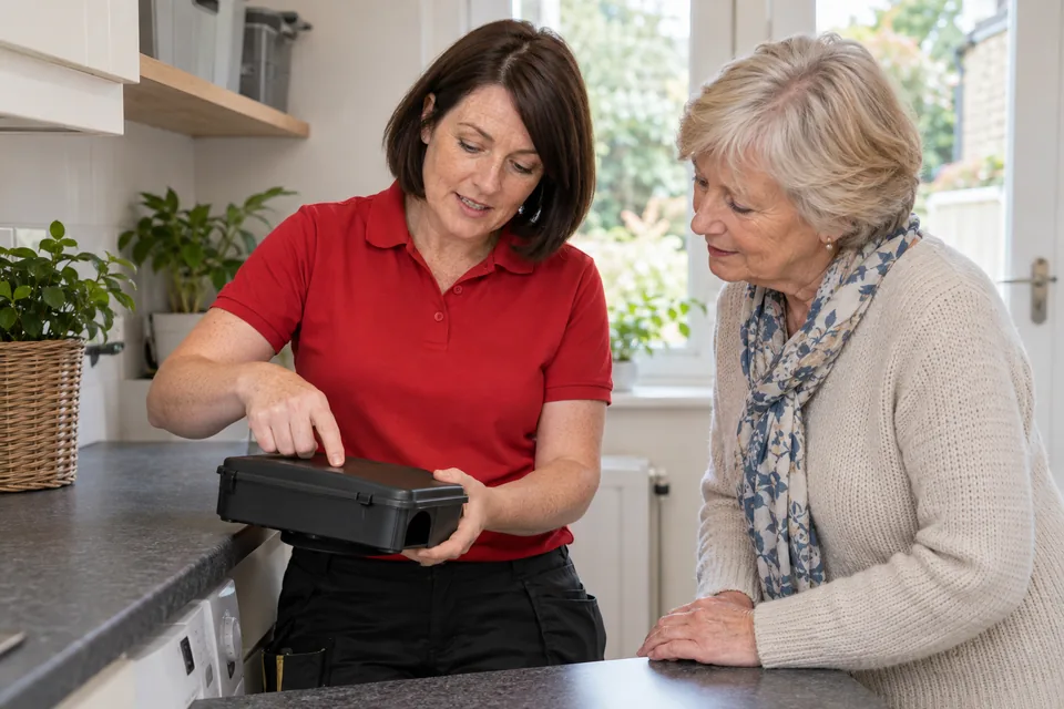 Technician explaining a closed monitoring device to a homeowner