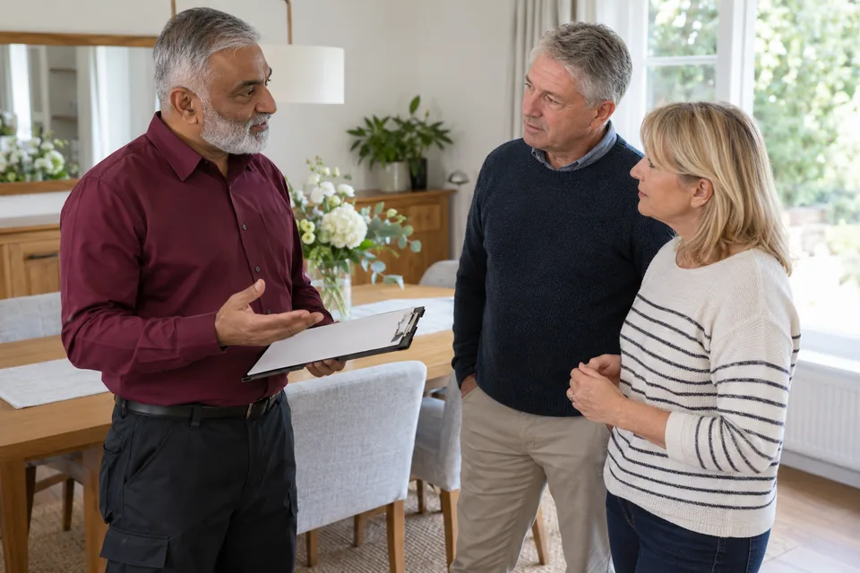 Technician discussing aftercare with a couple in a dining room