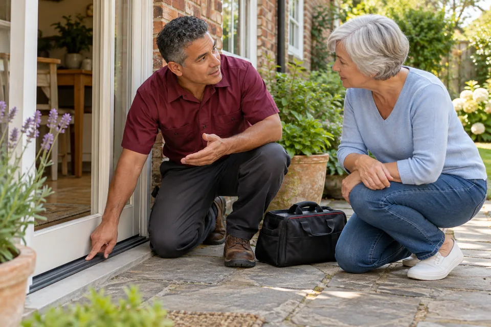 Technician discussing prevention at a patio doorway