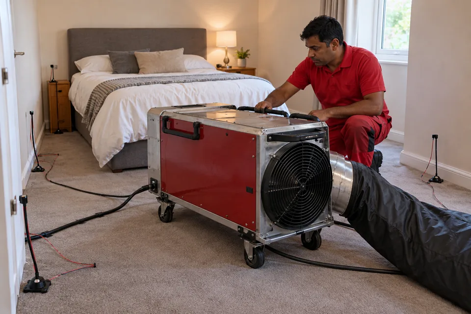 Technician positioning a professional electric heating unit in a prepared room