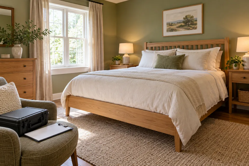 Prepared domestic bedroom with an equipment case and aftercare clipboard