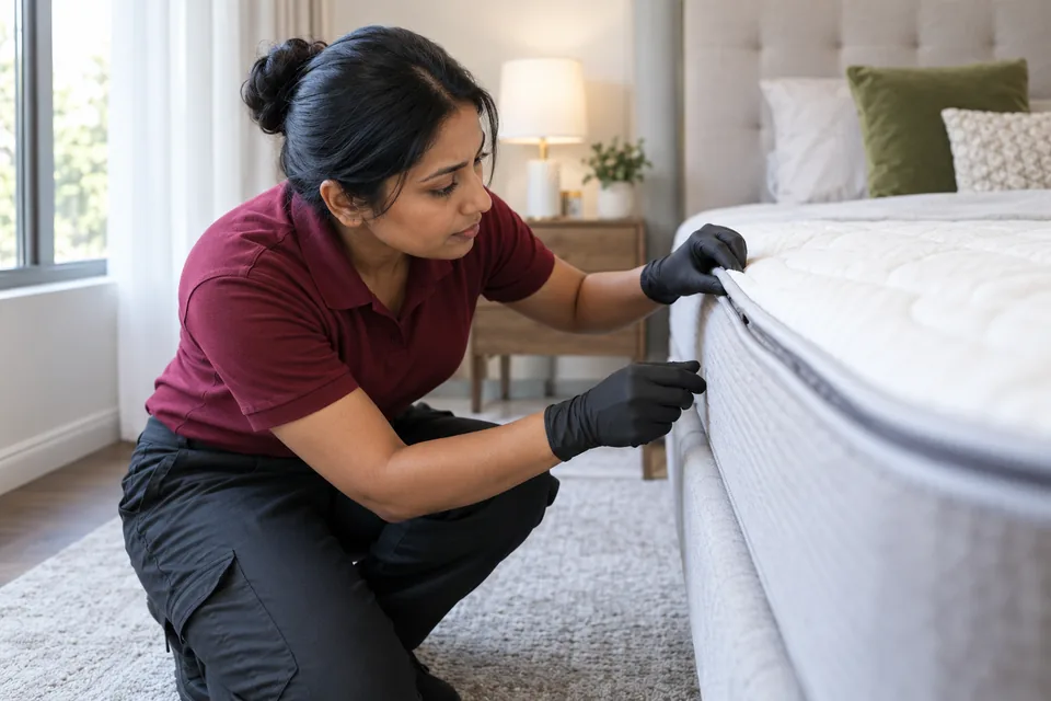 Technician examining a mattress seam in a bedroom