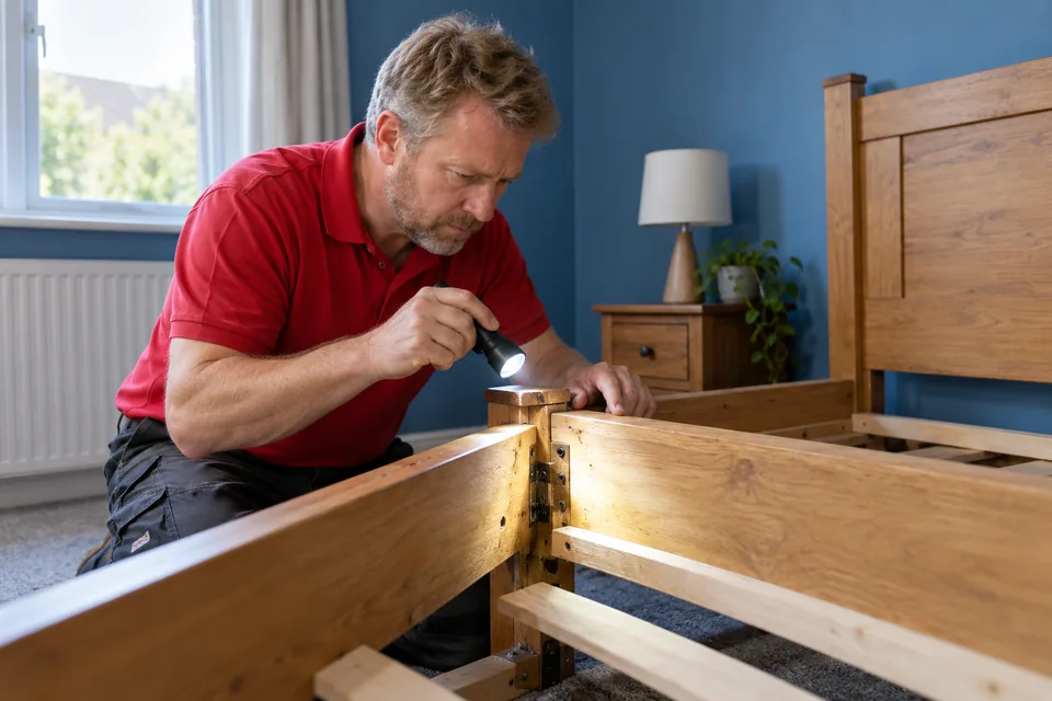 Technician inspecting joints in a wooden bed frame