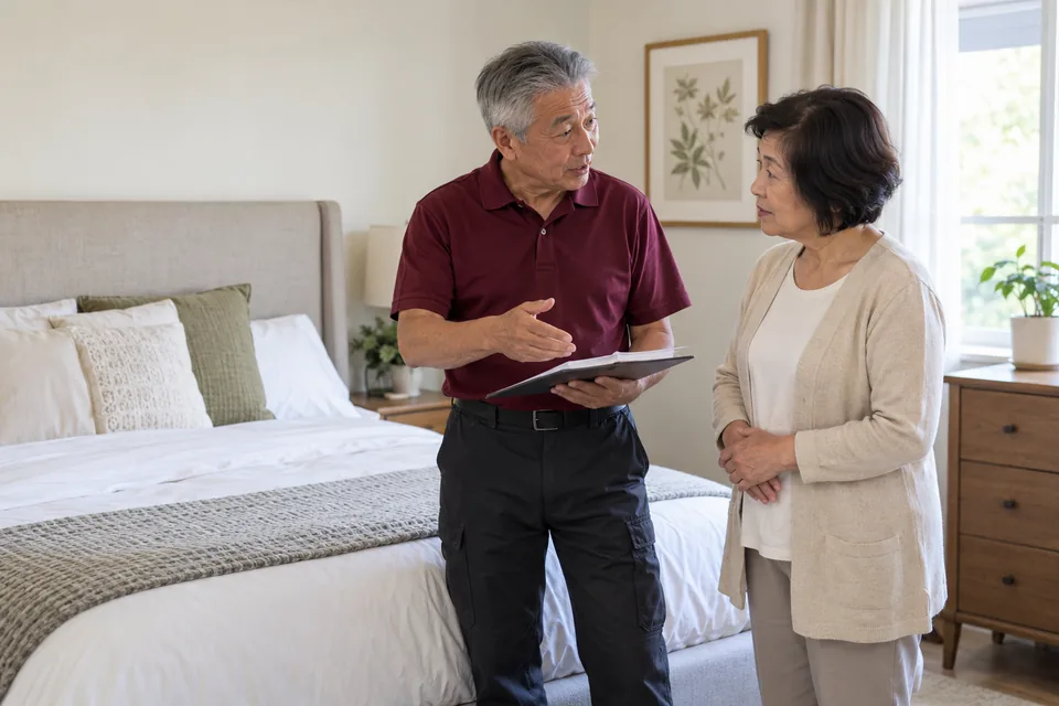 Technician explaining aftercare beside a bed