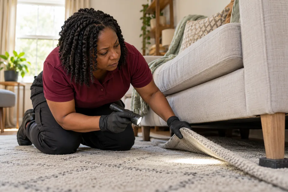 Technician inspecting a wool rug beside supported furniture
