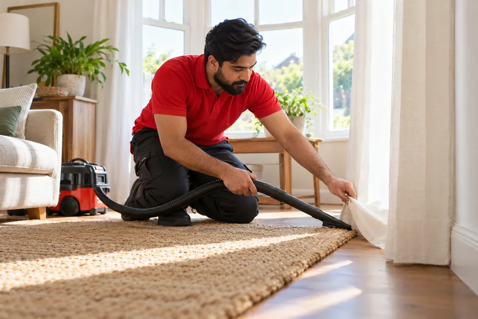 Technician demonstrating cleaning around a rug and curtain edge