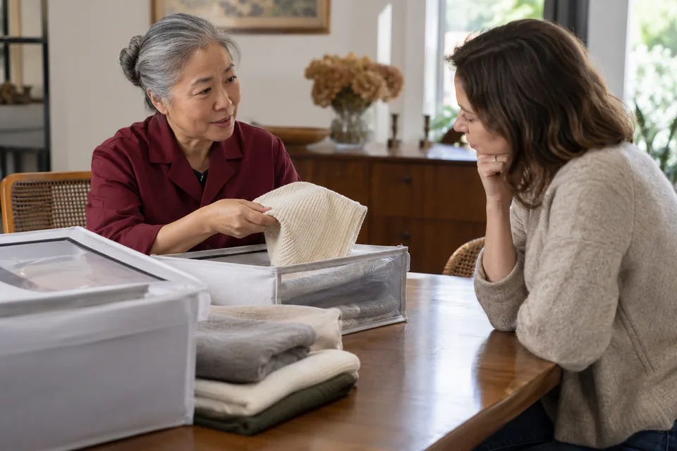 Technician discussing textile storage and inspection findings with a homeowner