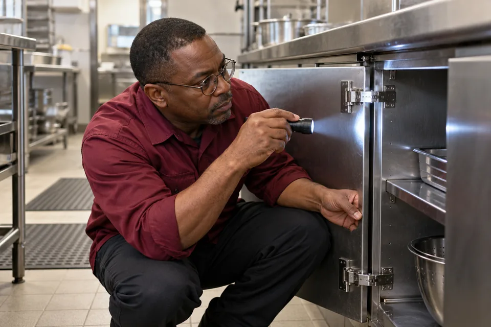 Technician inspecting accessible hinges in a stainless kitchen