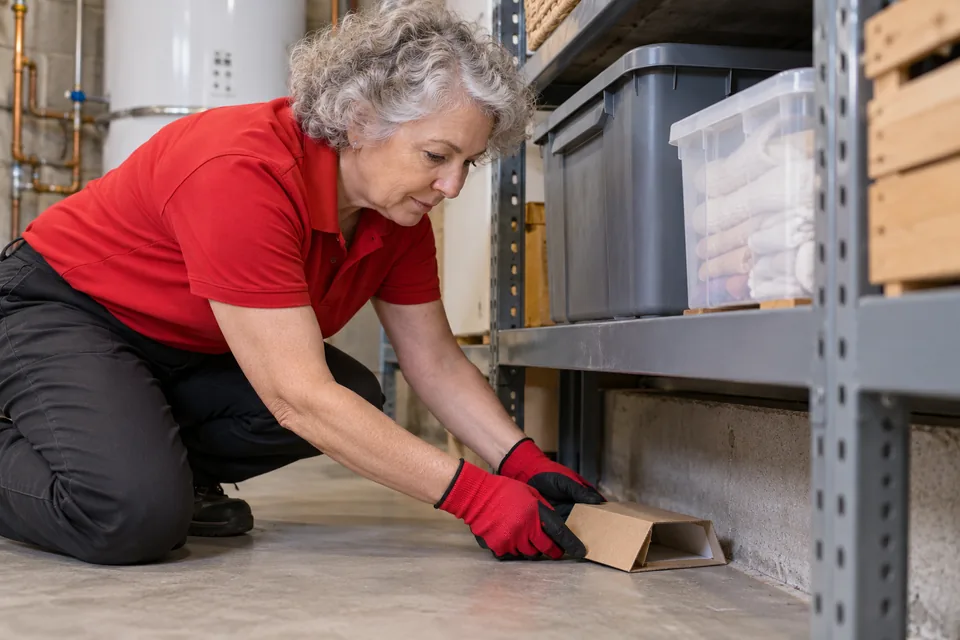 Technician positioning an insect monitoring card below a utility shelf