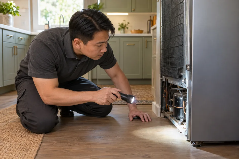 Technician checking an accessible refrigerator edge with a torch