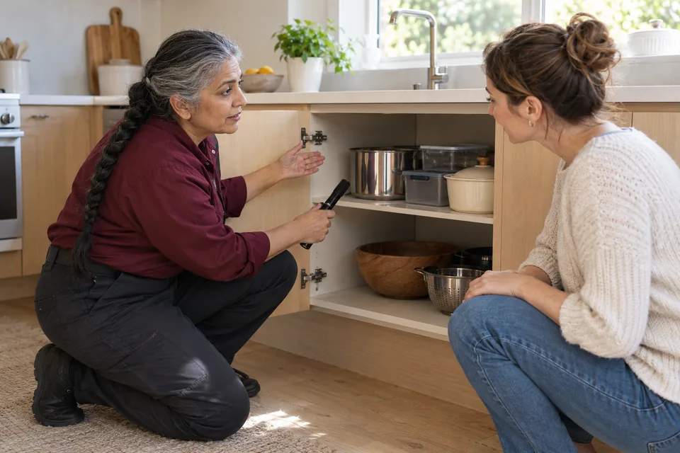 Technician explaining cupboard cleaning and monitoring to a homeowner