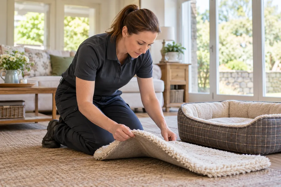 Technician inspecting a pet resting rug beside a dog basket
