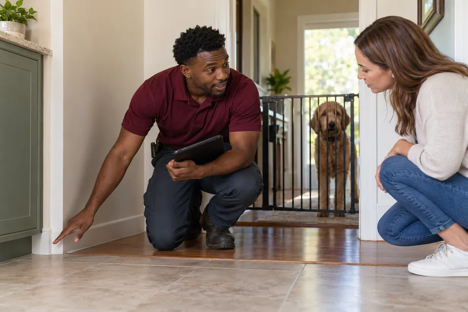 Technician discussing preparation while a dog stays behind a doorway gate