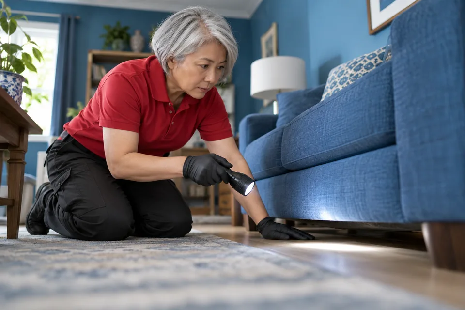 Technician inspecting sofa floor edges with a torch
