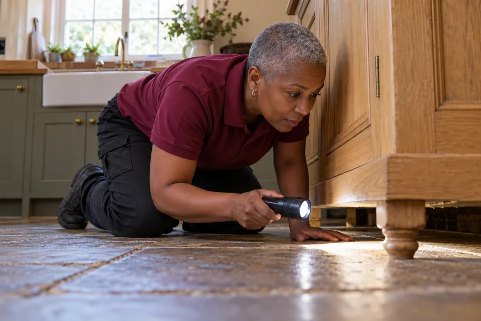 Technician checking the bottom of a kitchen larder with a torch