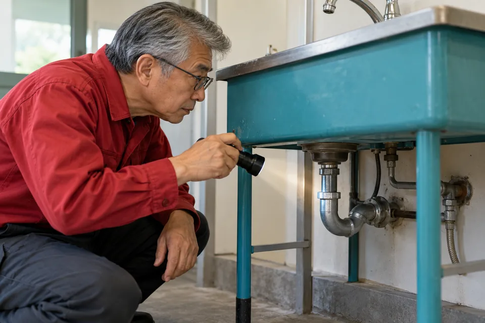 Technician examining pipe penetrations beneath a utility sink