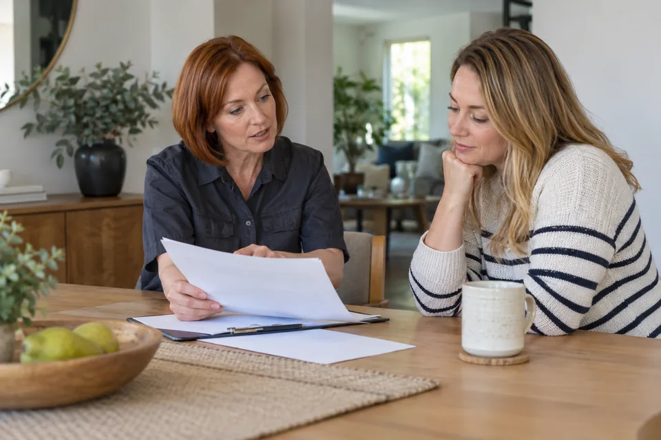 Technician discussing inspection notes with a homeowner at a dining table