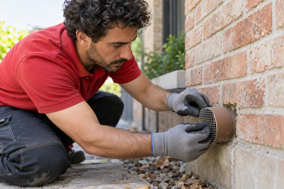 Technician fitting mesh around an exterior pipe gap