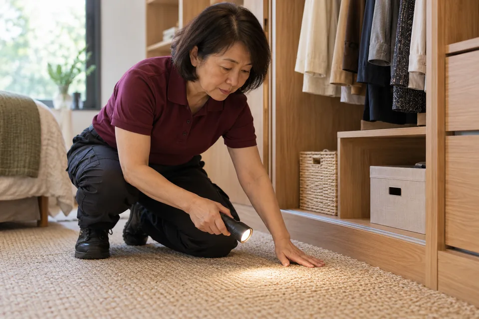 Technician inspecting natural-fibre carpet beside a wardrobe