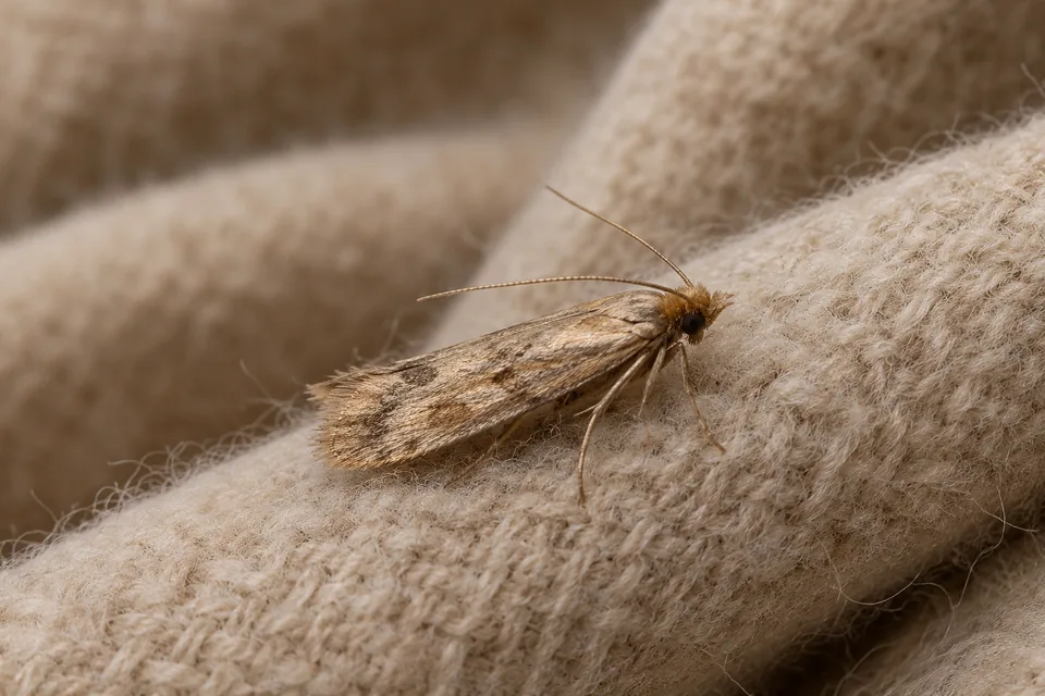 Clothes moth resting on beige wool fabric