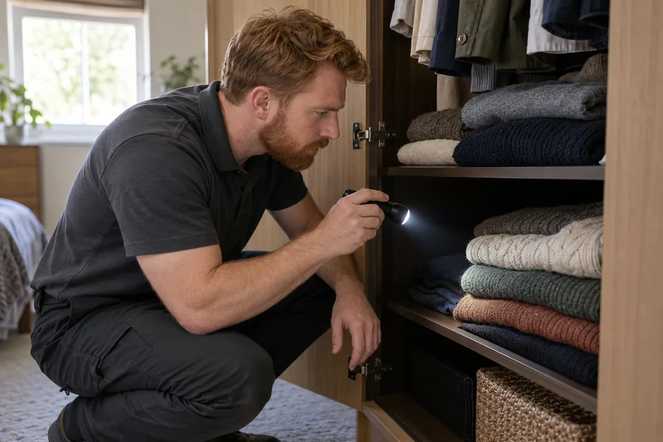 Technician checking a wardrobe shelf containing wool clothing