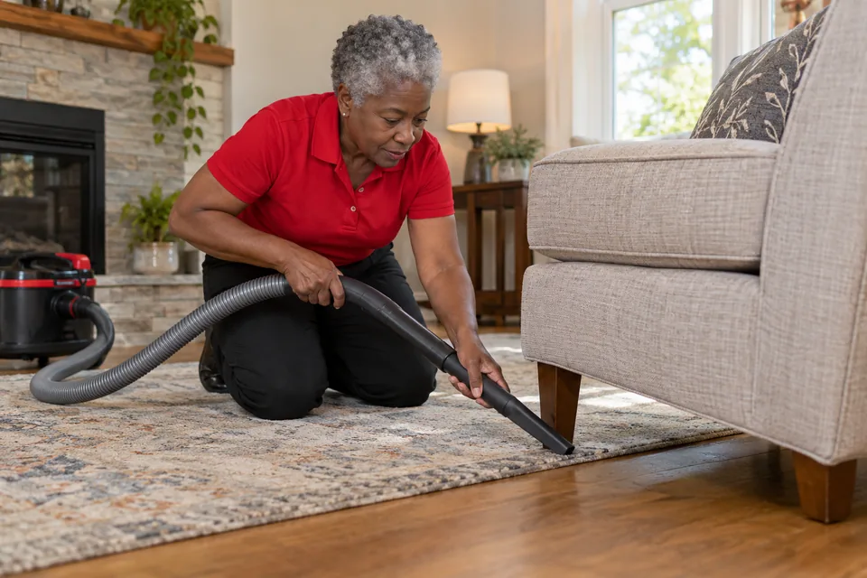 Technician demonstrating vacuum cleaning along a carpet edge