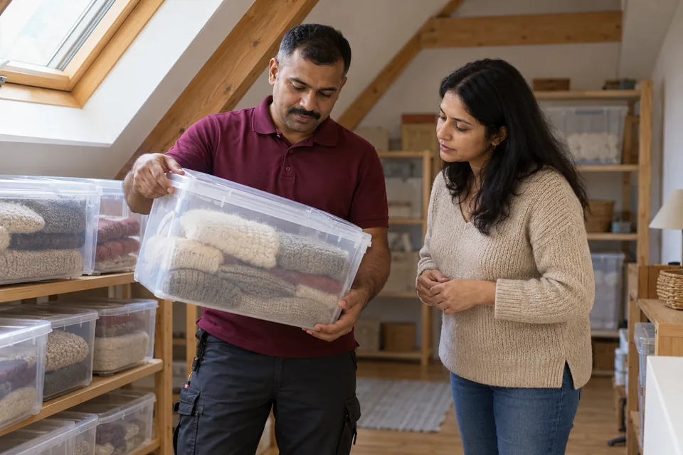 Technician reviewing sealed boxes of stored wool with a homeowner