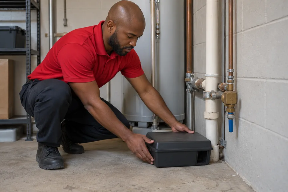 Technician positioning a closed monitoring station in a utility room