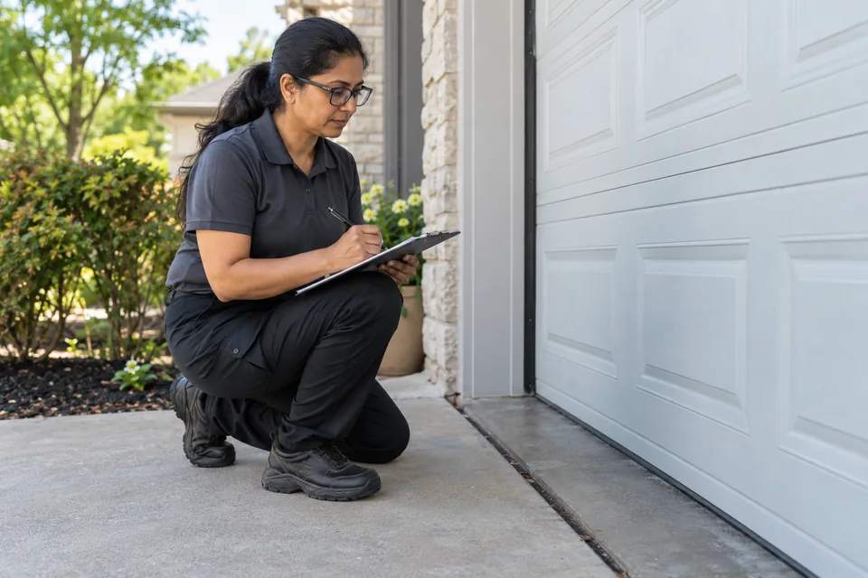 Technician recording inspection findings beside a garage door