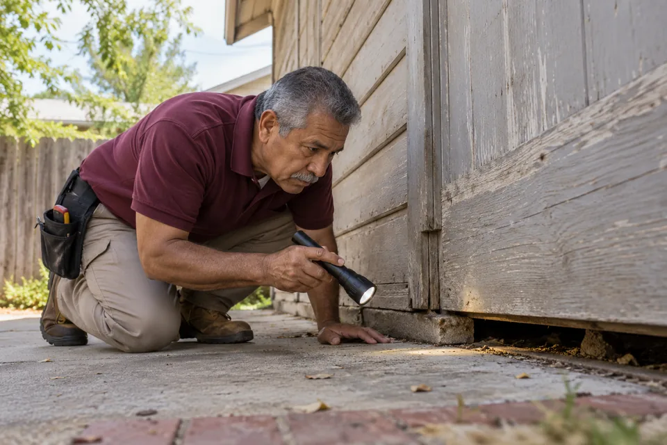 Technician inspecting an exterior service gap beside a garage