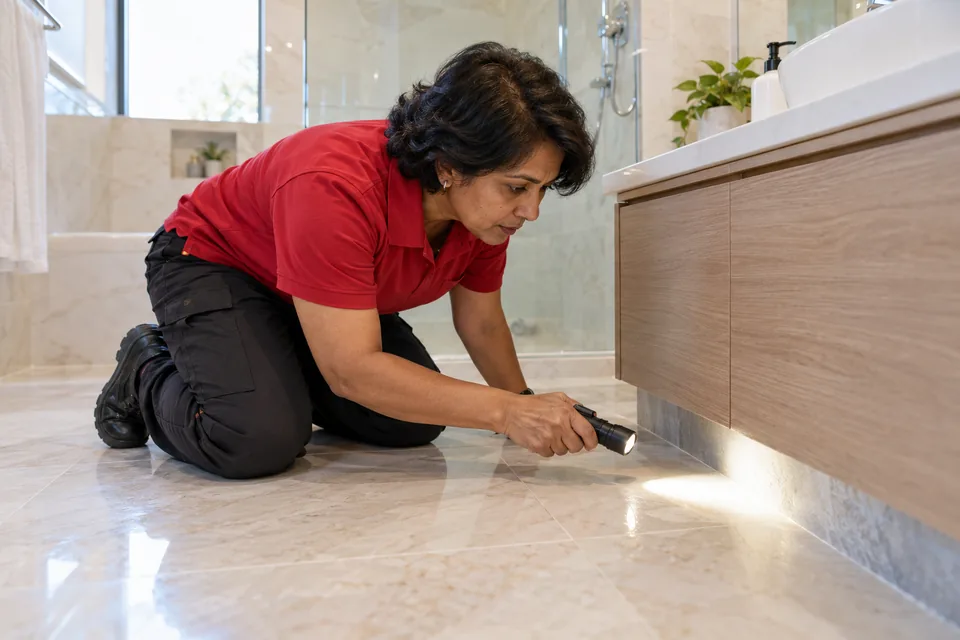 Technician inspecting bathroom skirting beside a vanity