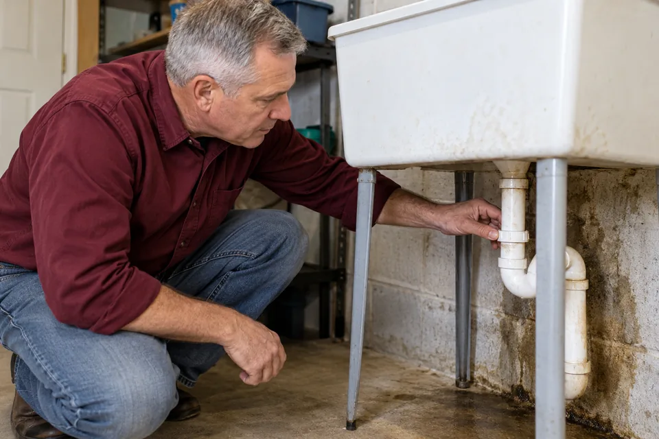 Technician examining a reachable pipe joint beneath a utility sink