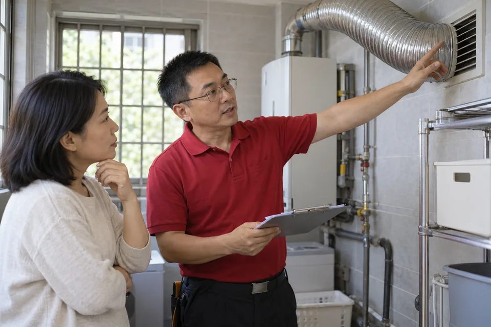 Technician discussing ventilation and sighting records with a homeowner