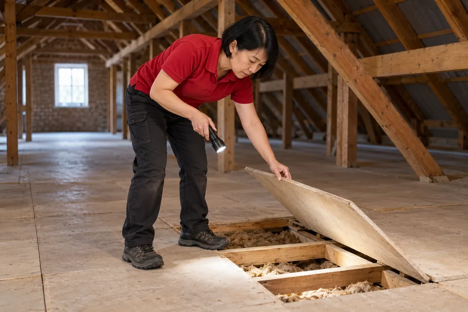 Technician inspecting accessible floor boards in a dry loft