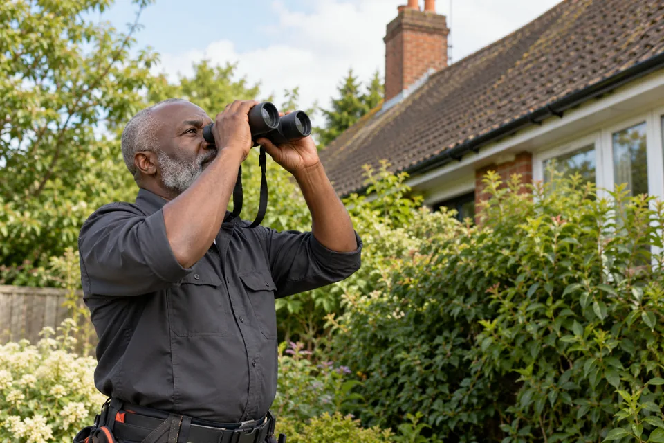 Technician viewing a house roof with binoculars from the garden