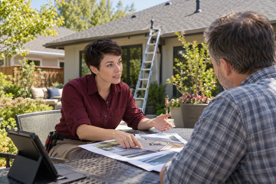 Technician and homeowner discussing roof access at a patio table