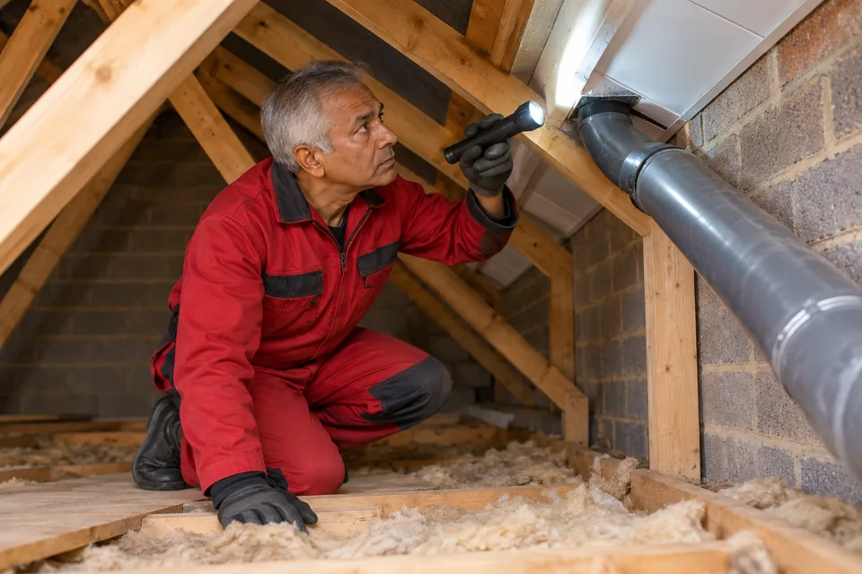 Technician inspecting accessible loft junctions with a torch